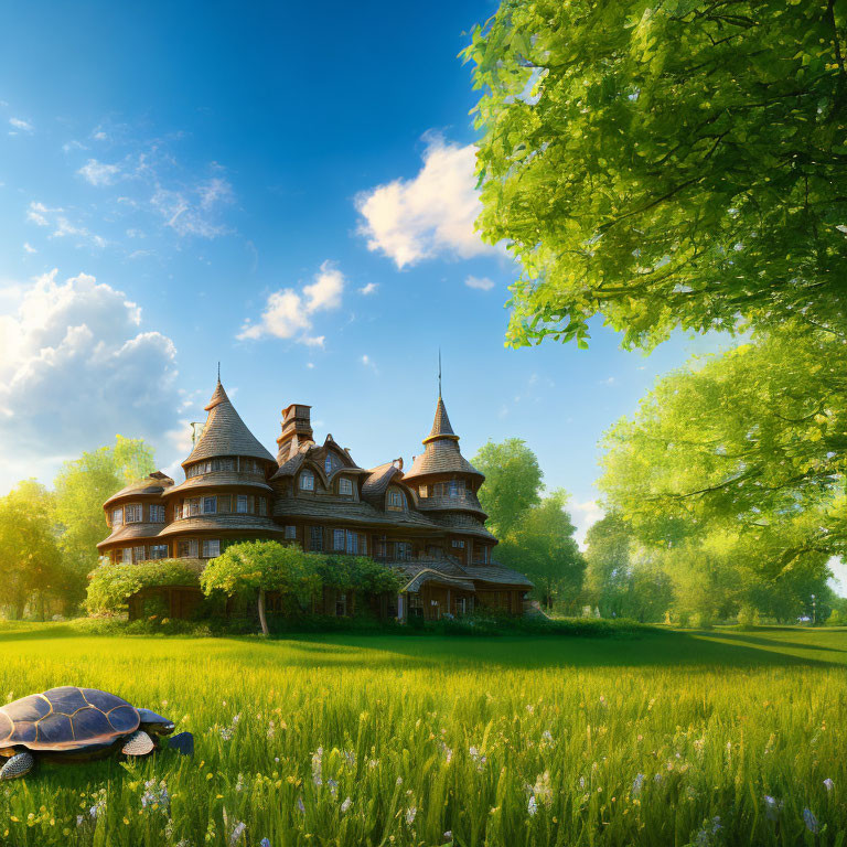 Victorian Style Mansion with Lush Greenery and Tortoise in Foreground