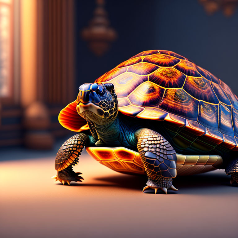 Colorful Stylized Turtle with Sunglasses Against Blurred Classical Columns