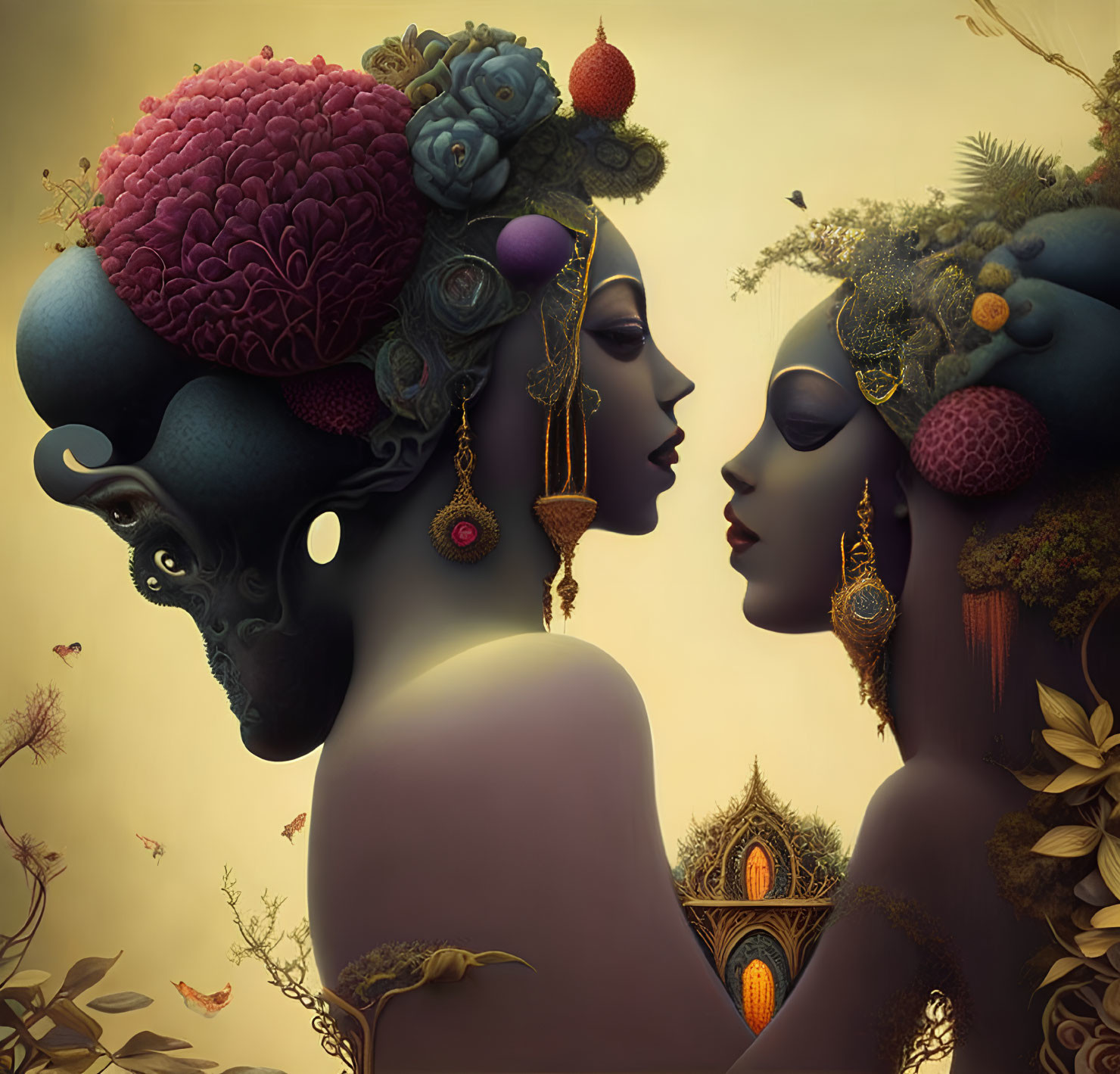 Stylized profile-facing figures with botanical and fruit-adorned headdresses