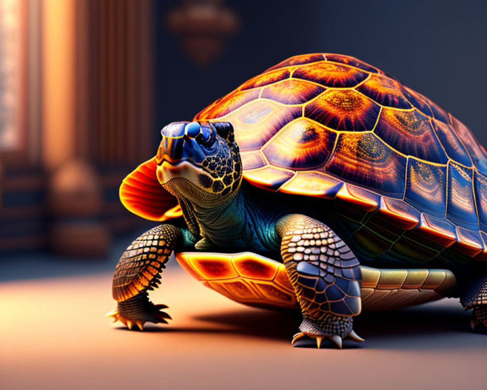 Colorful Stylized Turtle with Sunglasses Against Blurred Classical Columns