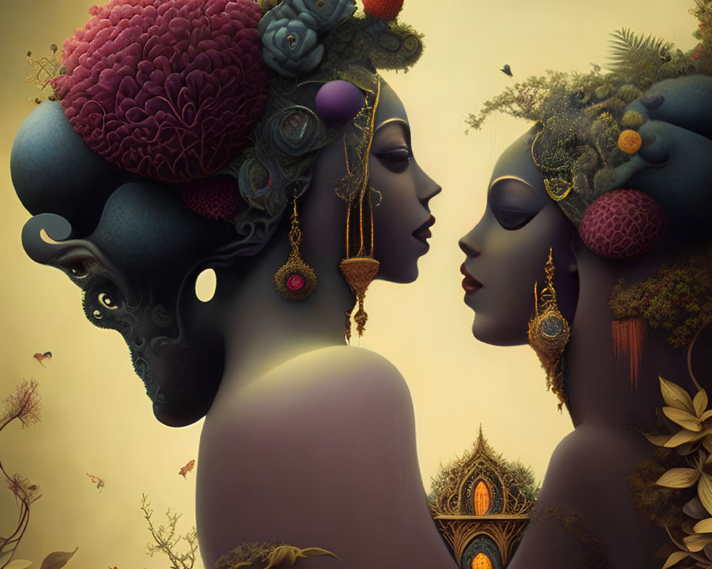 Stylized profile-facing figures with botanical and fruit-adorned headdresses