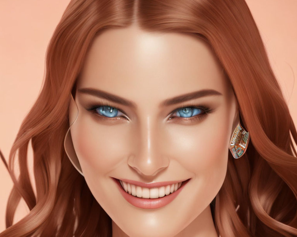 Digital illustration of woman with auburn hair, blue eyes, and intricate earring