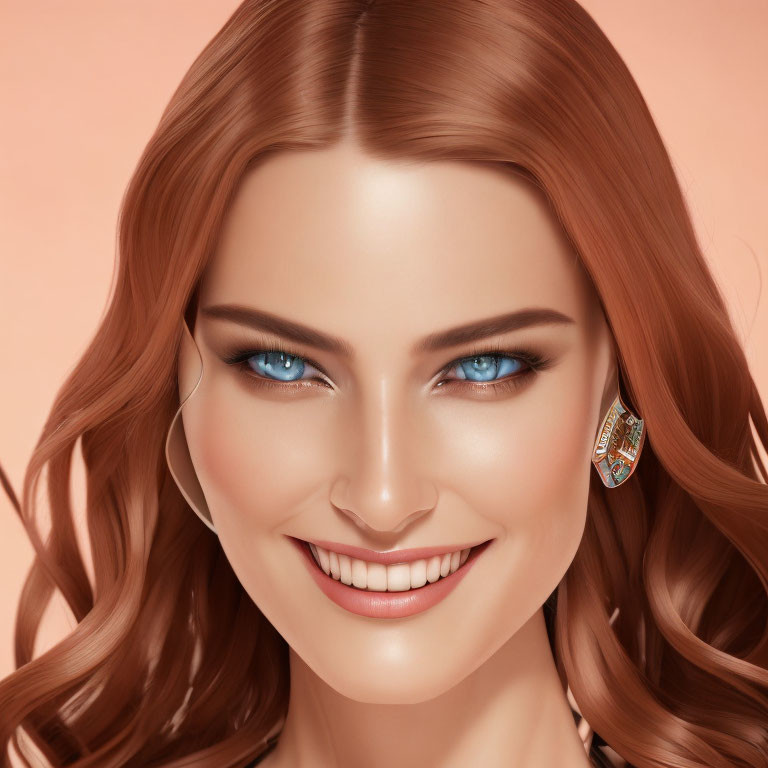 Digital illustration of woman with auburn hair, blue eyes, and intricate earring