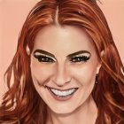 Digital illustration of woman with auburn hair, blue eyes, and intricate earring