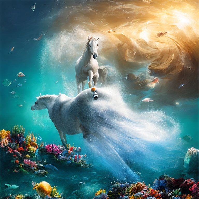 Two white horses in fantastical underwater scene with vibrant coral and fish.