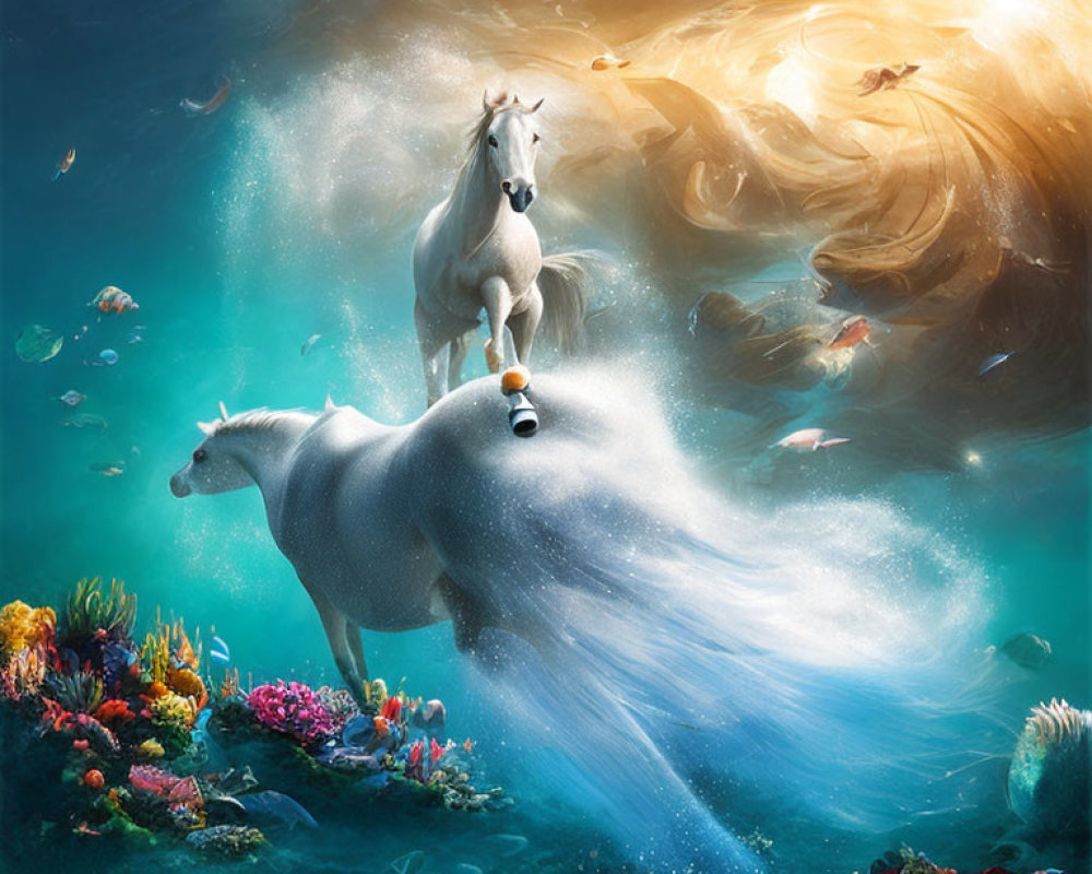 Two white horses in fantastical underwater scene with vibrant coral and fish.