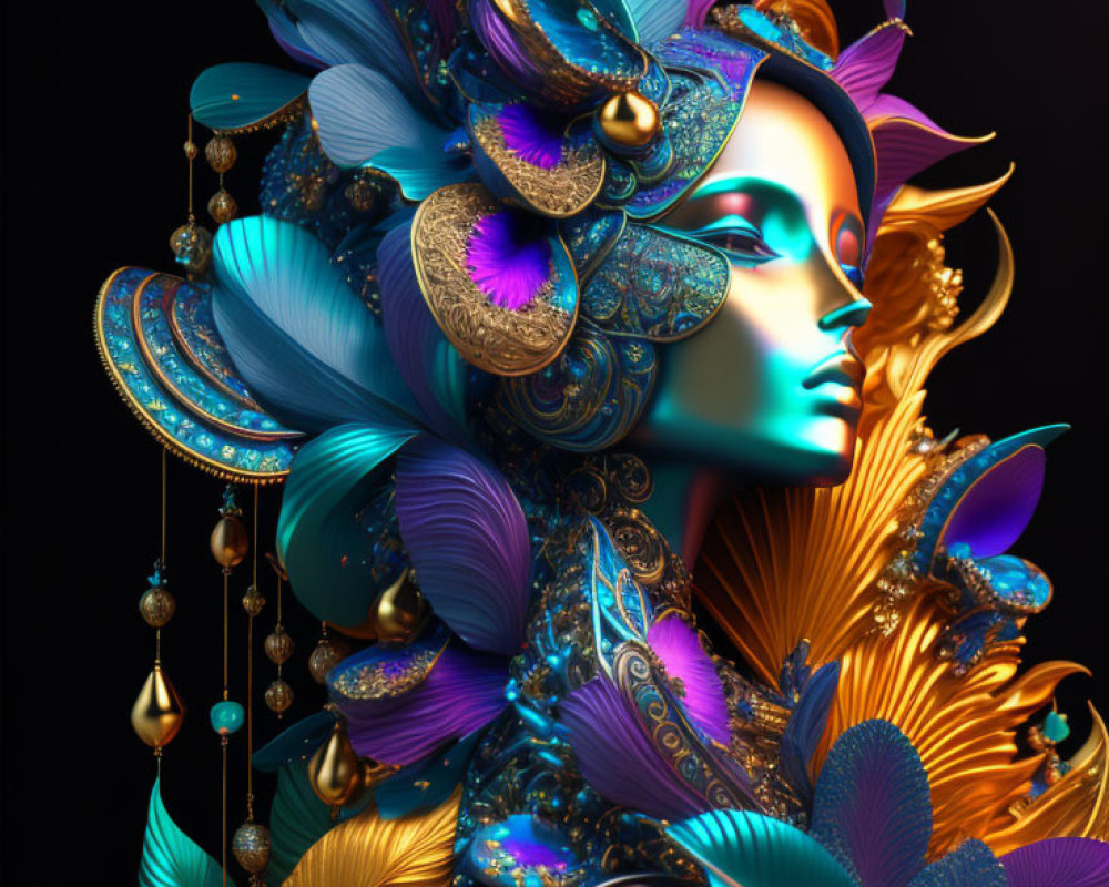 Colorful digital artwork featuring stylized female figure with peacock-themed design