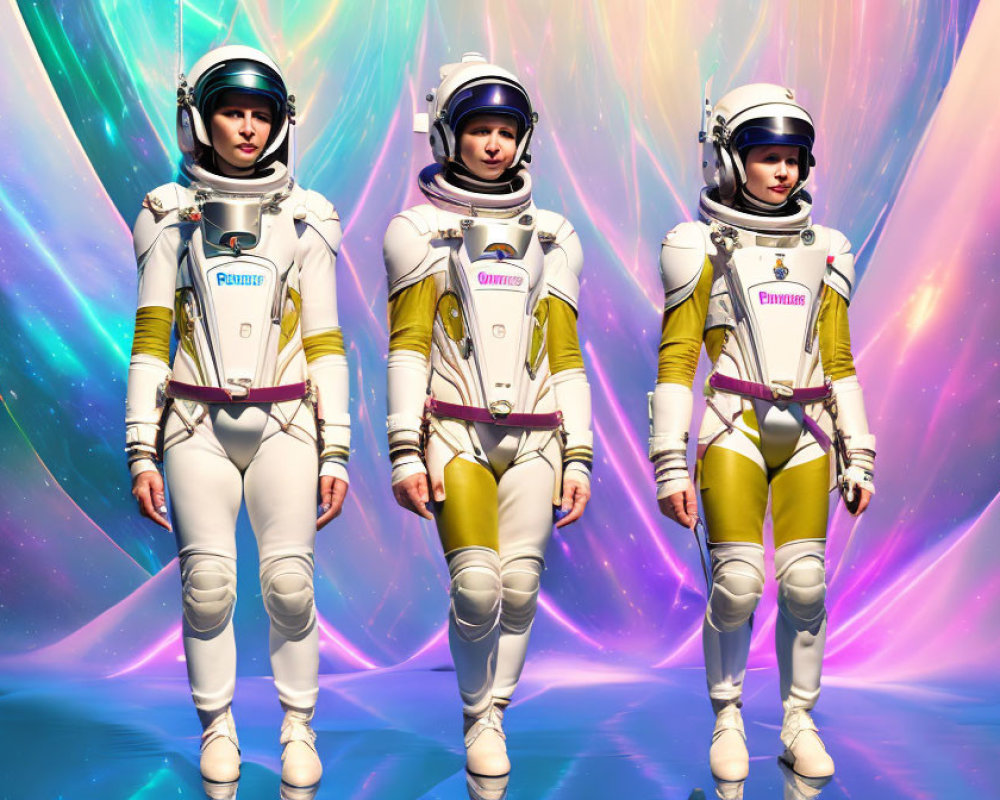 Three astronauts in white and gold suits against vibrant nebula.