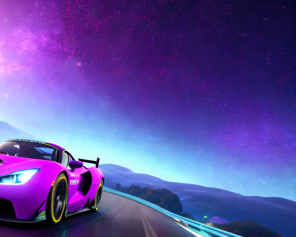 Vibrant purple sports car racing under starry night sky