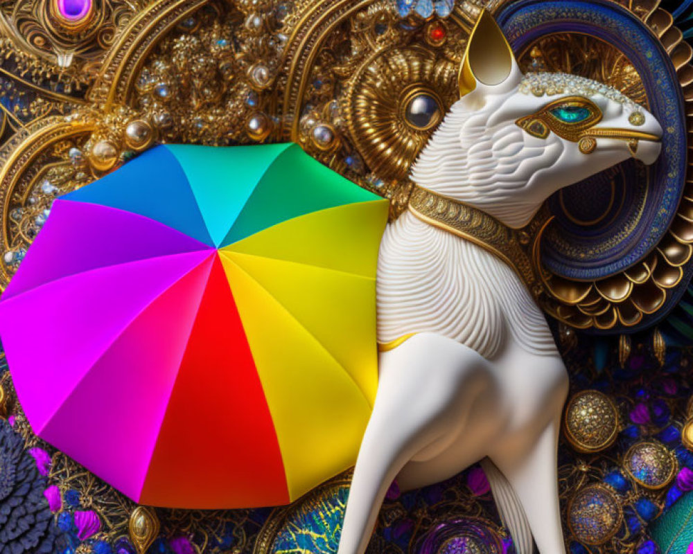 Colorful umbrella and gold-adorned sphinx in intricate setting