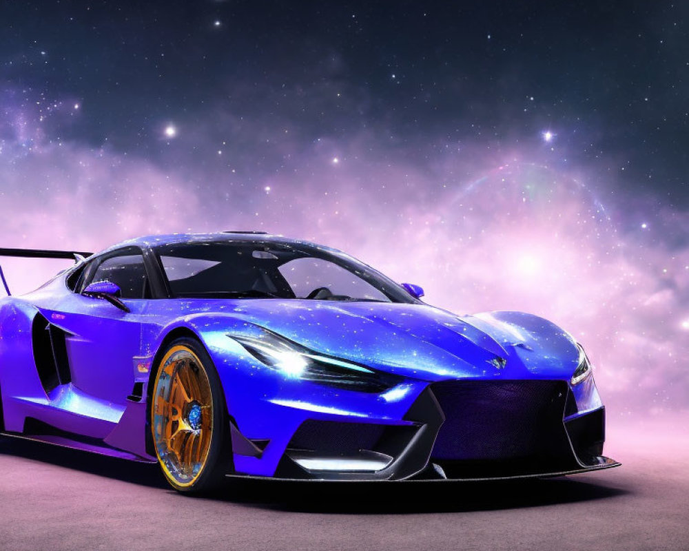 Metallic Blue Sports Car with Large Rear Wing on Night Sky Background