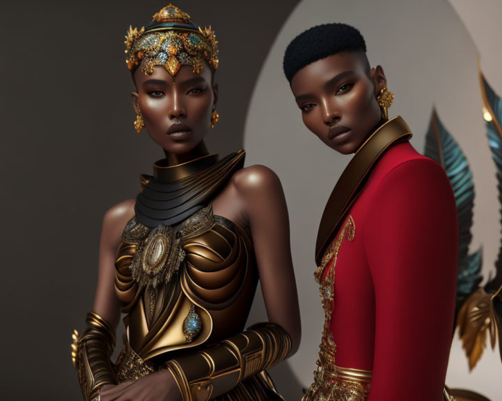 Stylized regal figures with ornate headdresses and elegant attire blending futurism with tradition