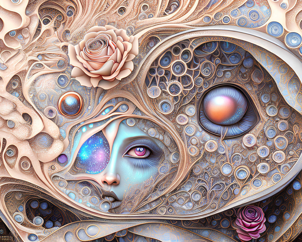 Detailed surreal artwork: Female face with cosmic, mechanical, and floral elements