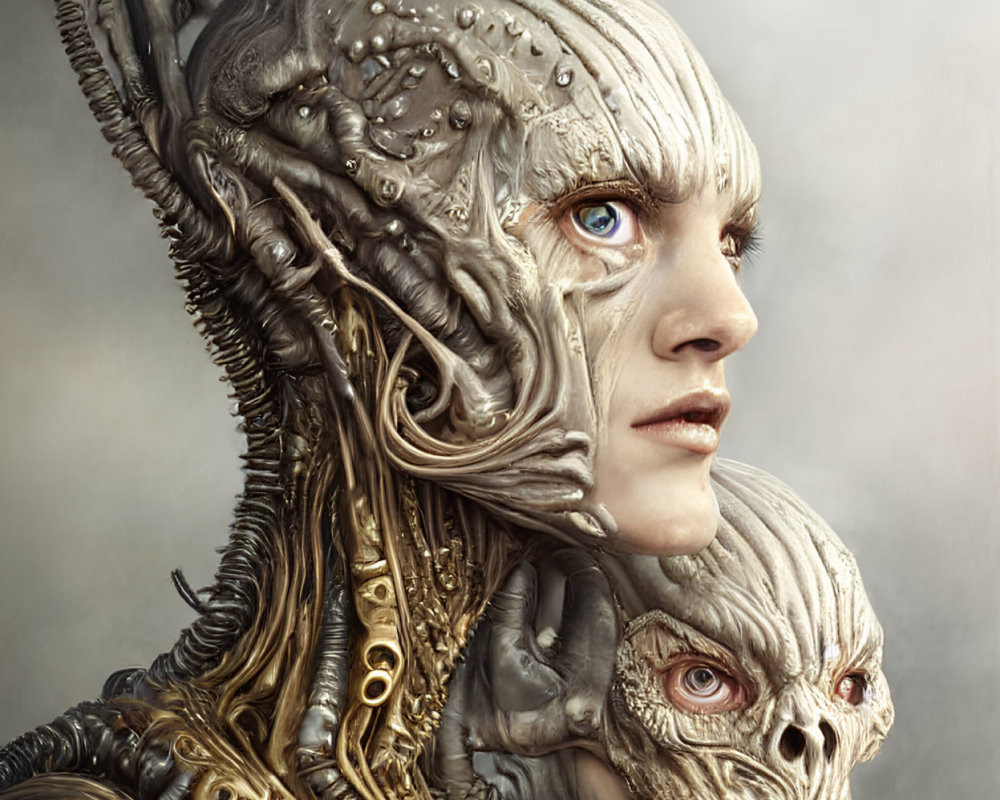 Biomechanical humanoid and skull profile with blue and red eyes