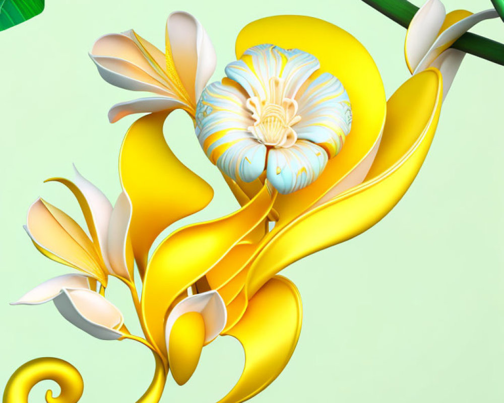 Stylized 3D flowers with abstract golden shapes on pastel background