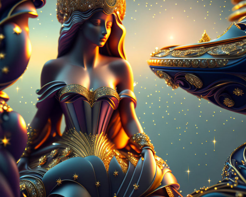 Stylized illustration of a queen with golden crown and blue dress among magical orbs