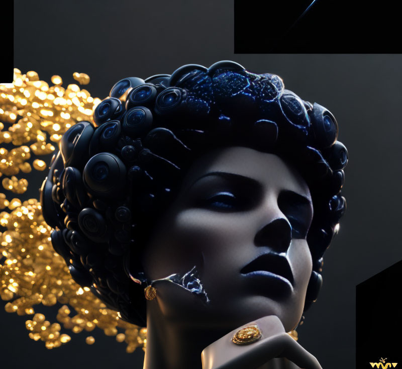 Surreal artistic portrait with glossy black headpiece in warm golden light