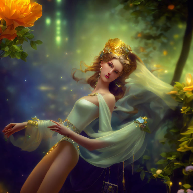 Ethereal woman with golden hair in mystical forest