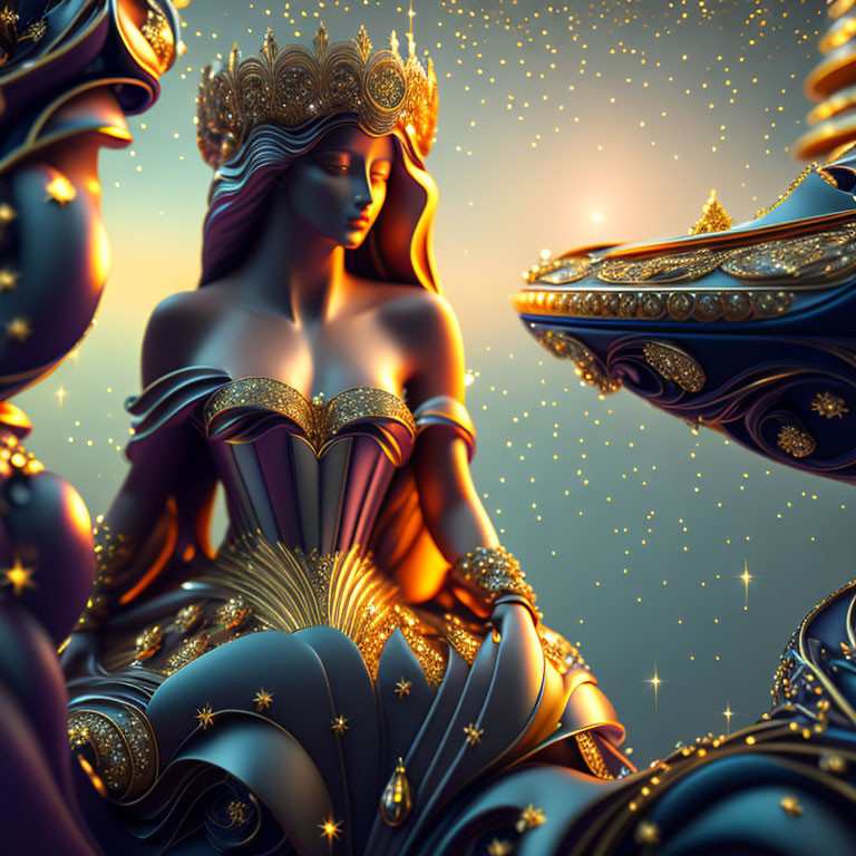 Stylized illustration of a queen with golden crown and blue dress among magical orbs