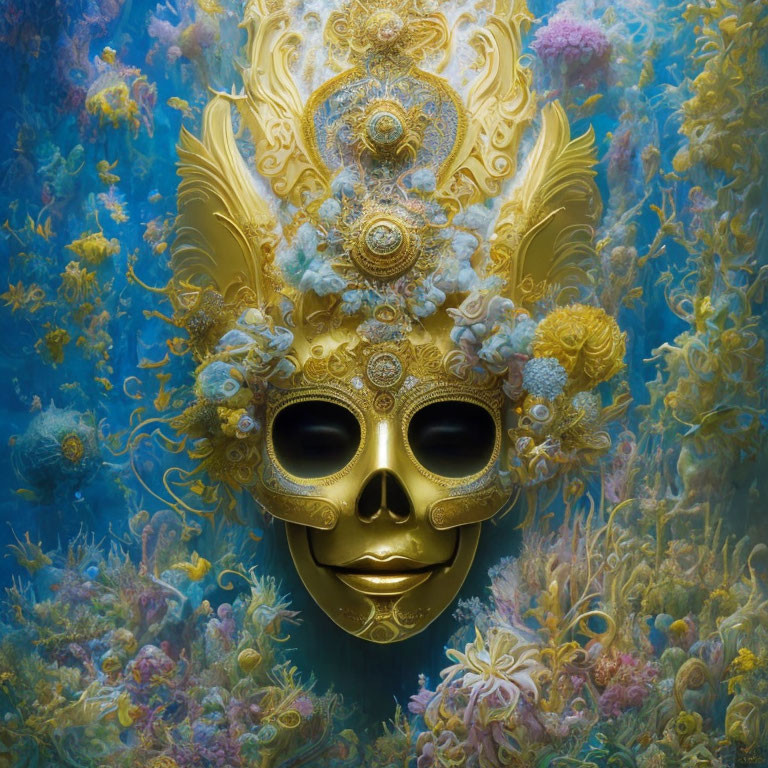 Intricate Golden Mask with Floral Designs on Vibrant Underwater Coral Backdrop