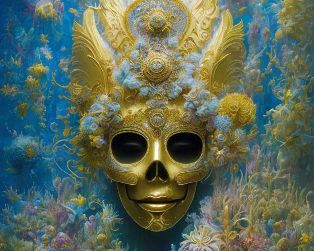 Intricate Golden Mask with Floral Designs on Vibrant Underwater Coral Backdrop