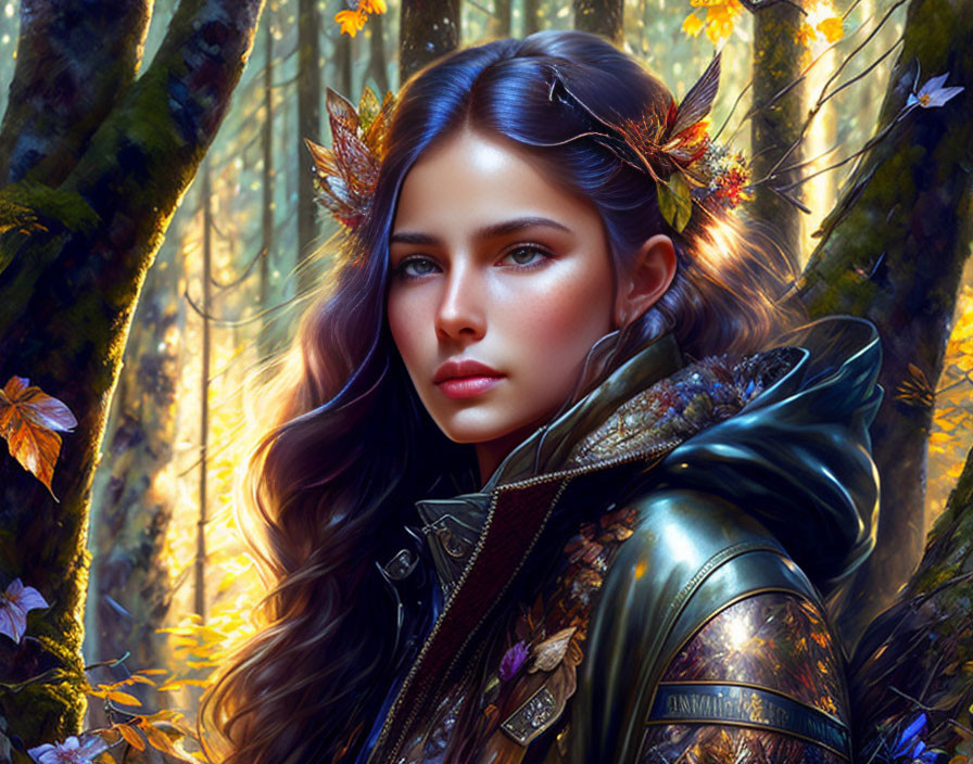 Digital artwork: Woman with leaf-adorned hair in enchanted forest.