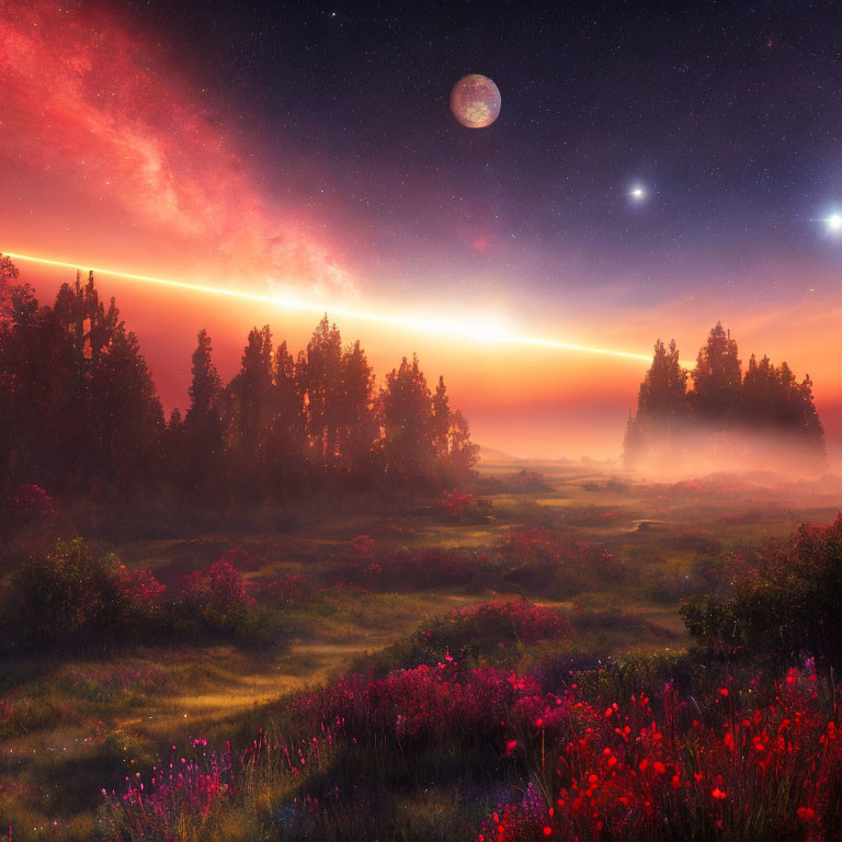 Fantasy landscape at dusk: crimson sky, large moon, stars, field of red flowers, trees