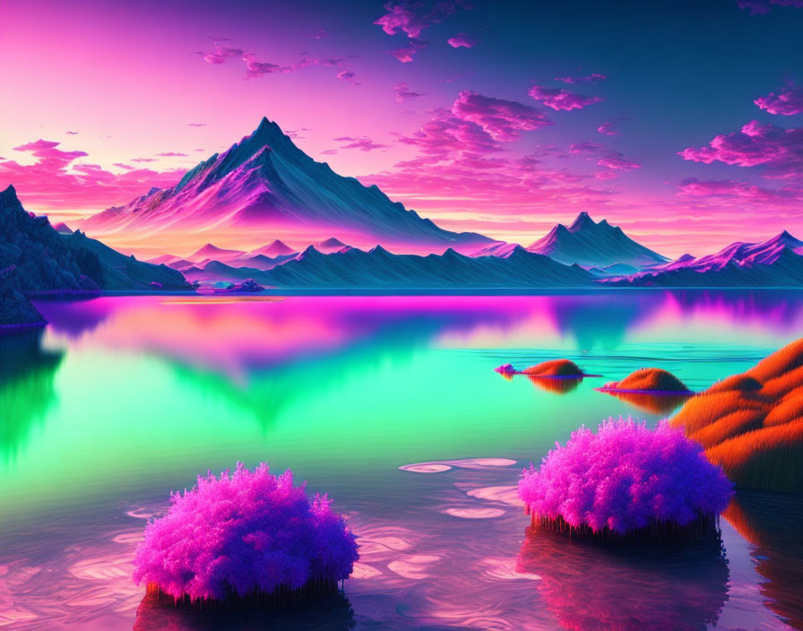 Colorful digital landscape: neon pink and purple sky, turquoise lake, reflective water, vibrant vegetation