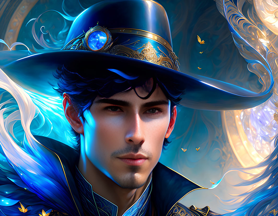 Detailed digital portrait of a man with mystical blue hat, cloak, and golden butterflies in ornate setting