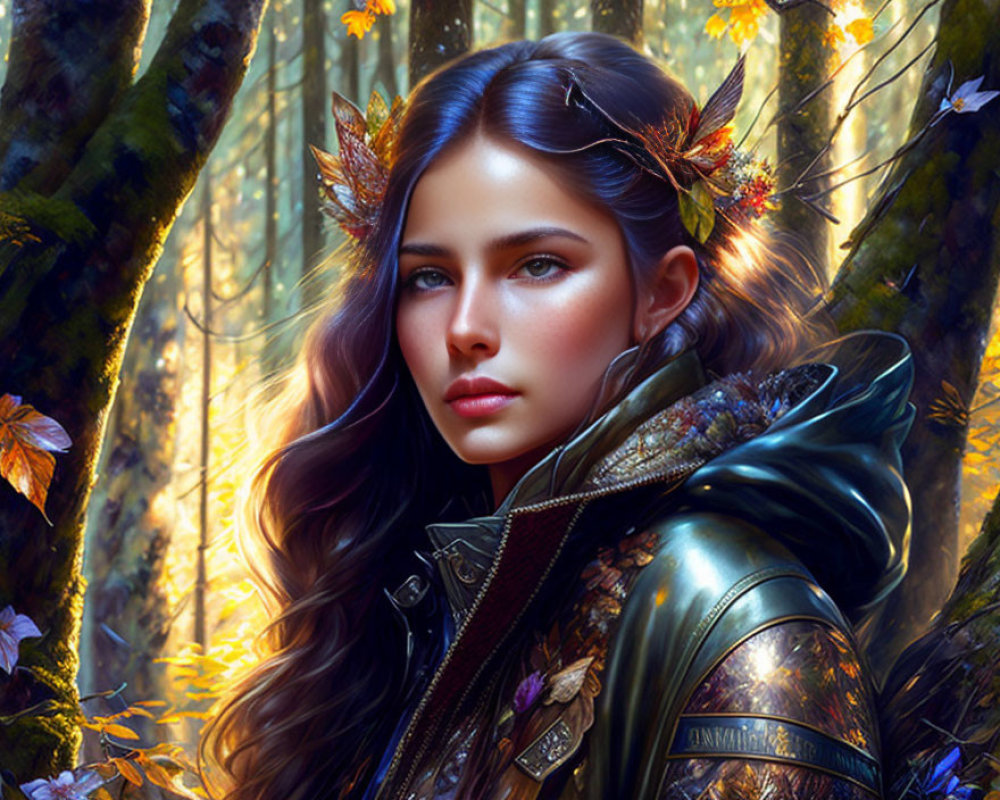 Digital artwork: Woman with leaf-adorned hair in enchanted forest.