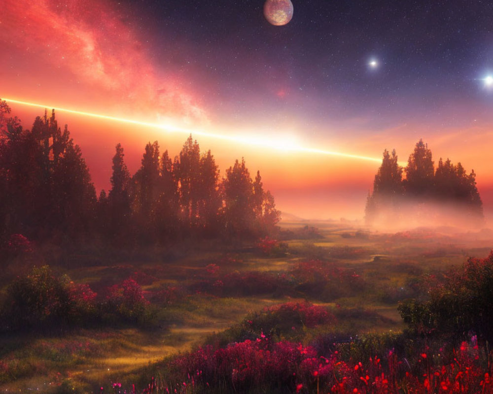 Fantasy landscape at dusk: crimson sky, large moon, stars, field of red flowers, trees