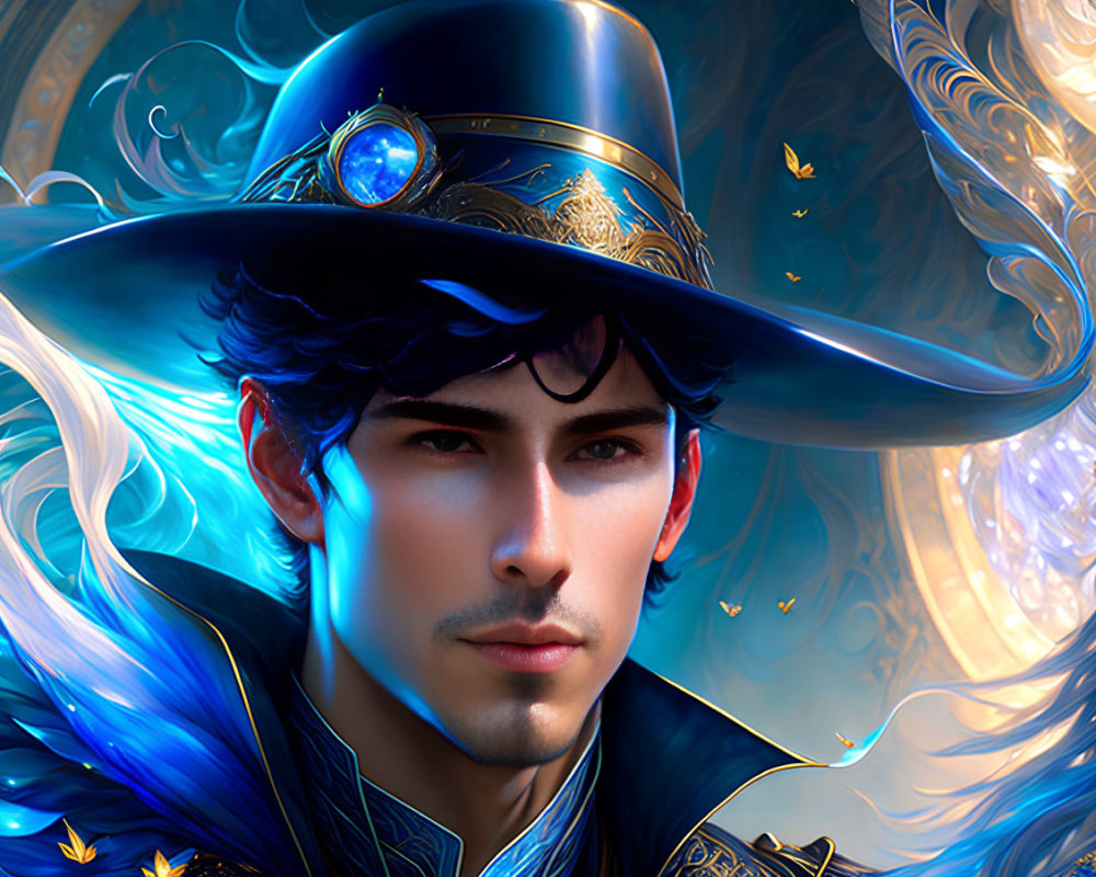 Detailed digital portrait of a man with mystical blue hat, cloak, and golden butterflies in ornate setting