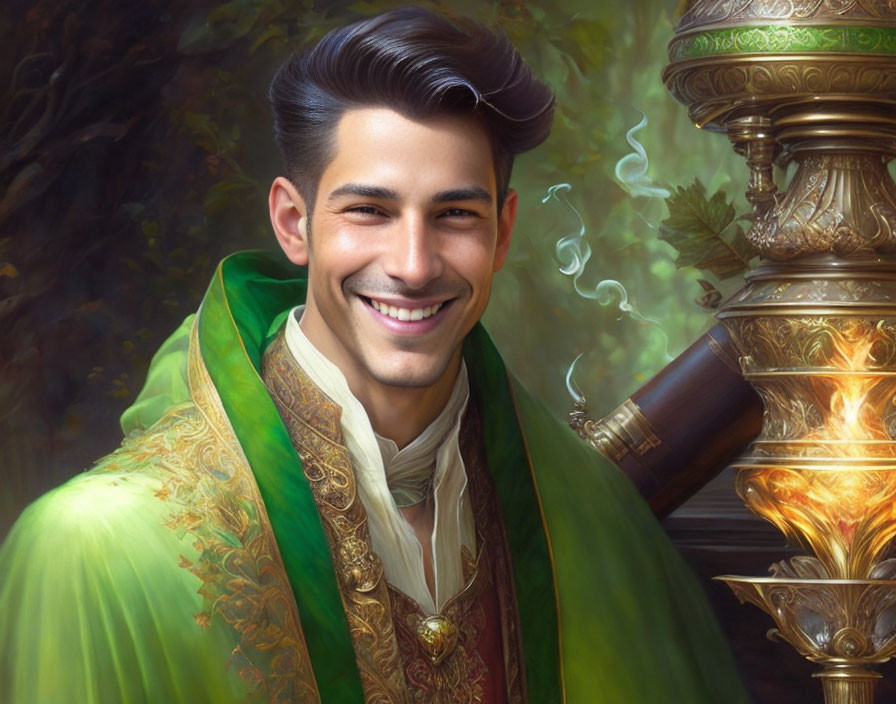 Smiling man in green and gold outfit near ornate vessel in lush setting