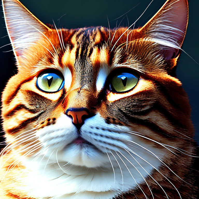 Orange Tabby Cat with Green Eyes and Striped Fur in Dramatic Lighting