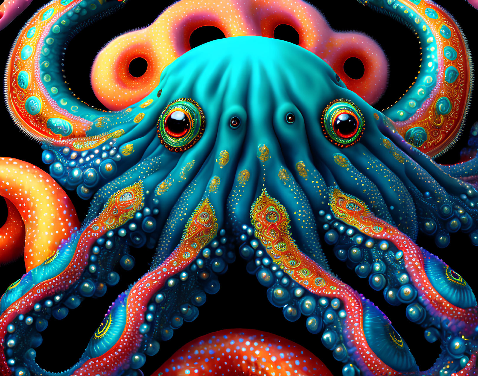 Colorful surreal octopus with multiple eyes and intricate patterns on tentacles