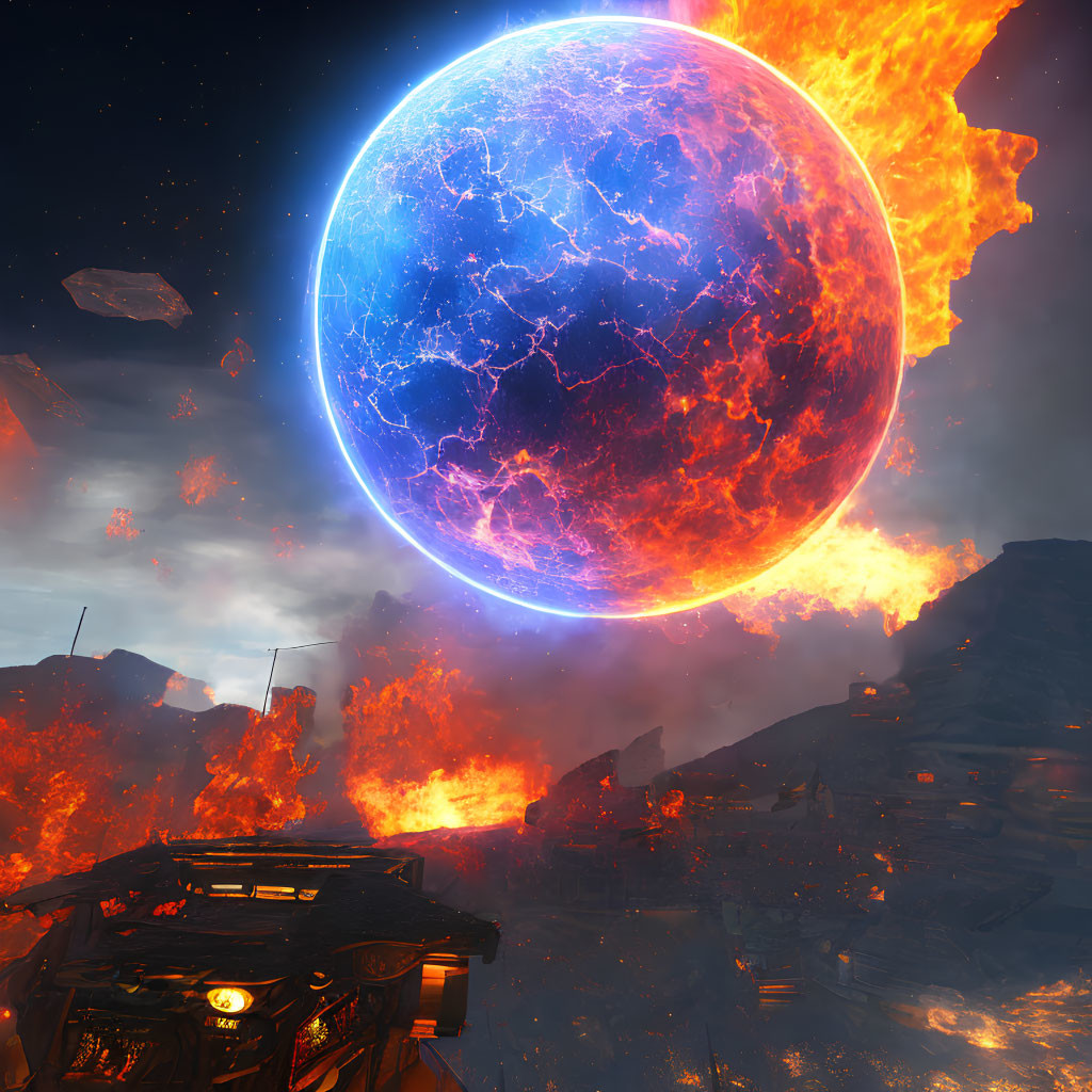 Fiery Sci-Fi Landscape with Lava and Colossal Planet