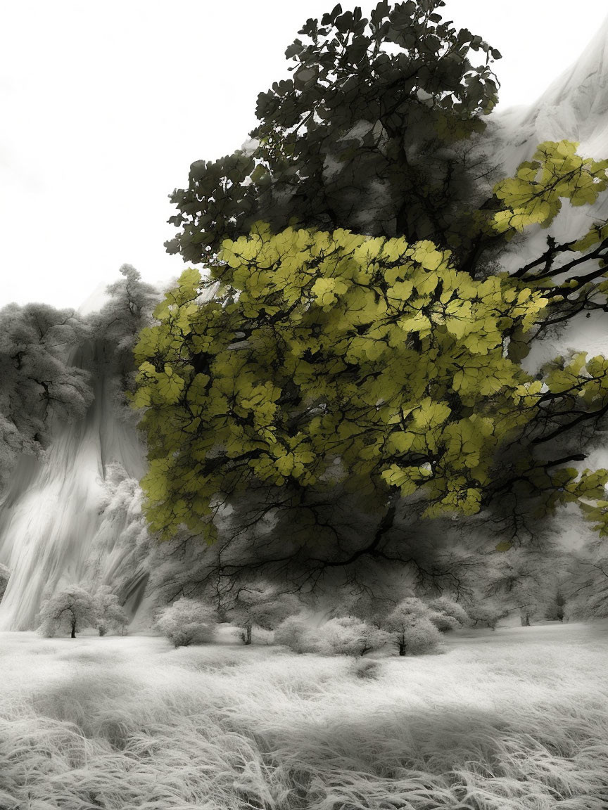 Vibrant green tree in monochromatic landscape with waterfalls