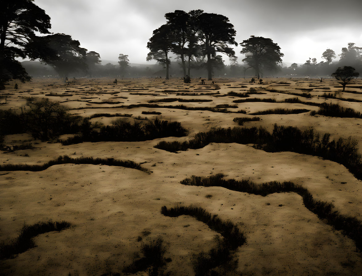 Sandy Clearings in Misty Forest with Silhouetted Trees