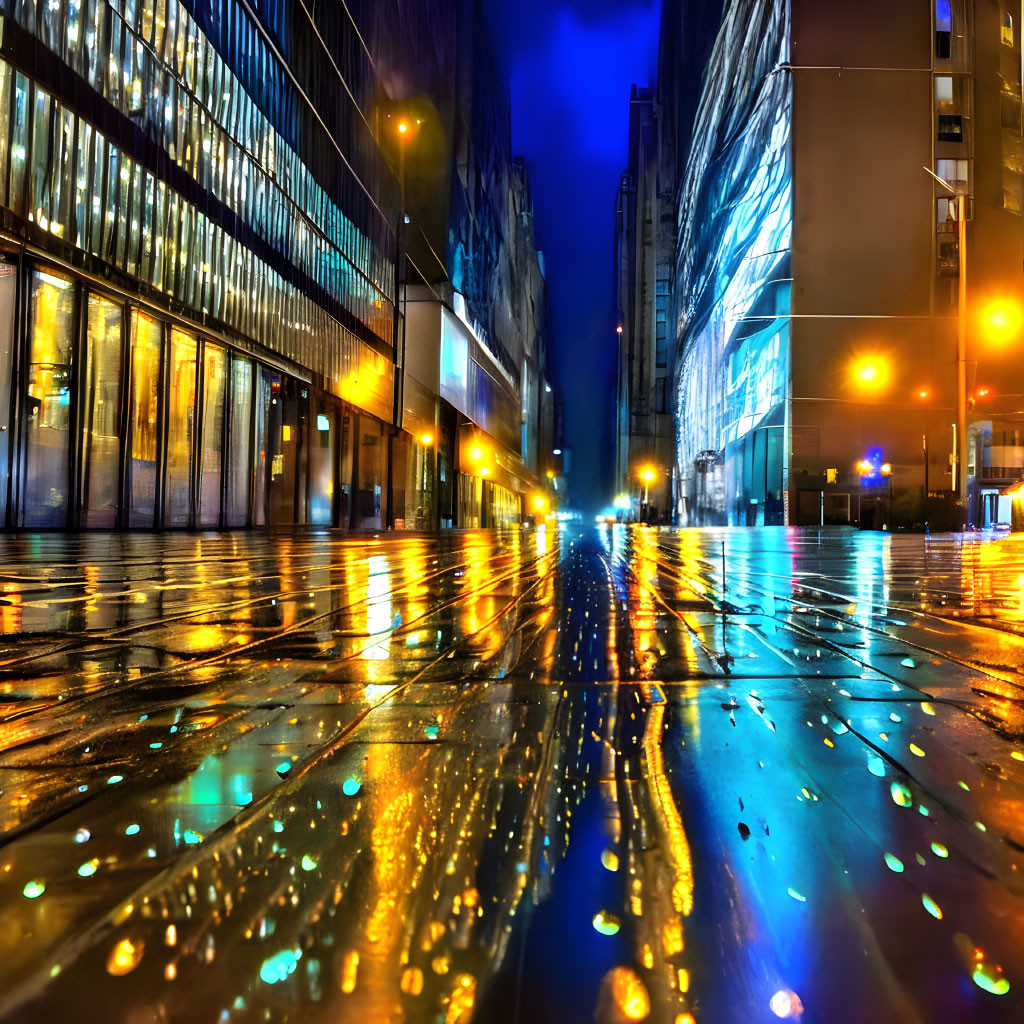 Urban night scene: rain-soaked street with neon light reflections