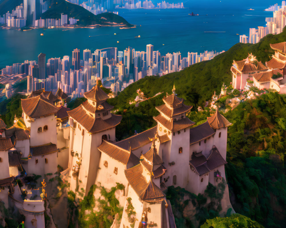 Traditional Oriental Buildings with Terracotta Roofs and Modern City Skyline at Sunset