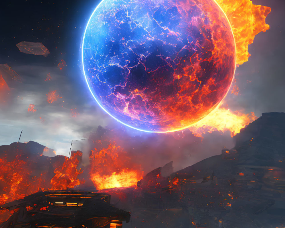 Fiery Sci-Fi Landscape with Lava and Colossal Planet