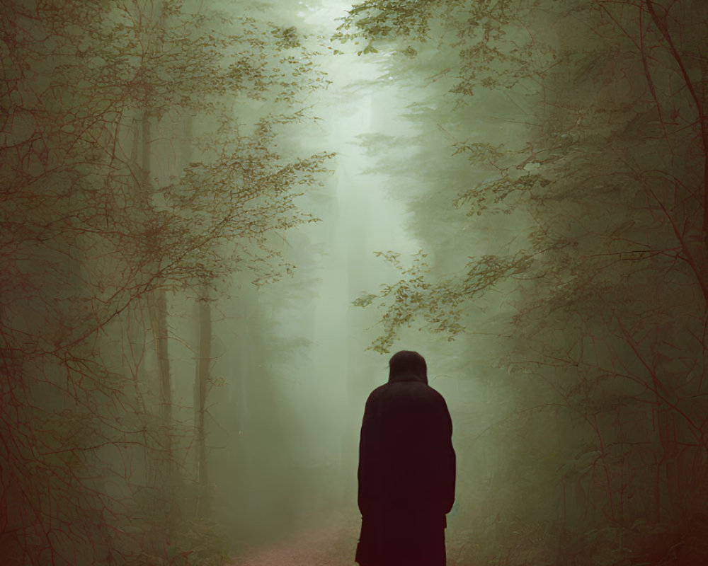 Solitary figure on misty forest path with tall trees