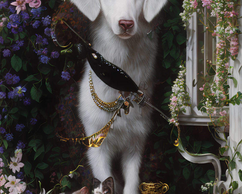 White Dog with Golden Halo and Dark Cloak Beside Kitten in Flower-filled Scene