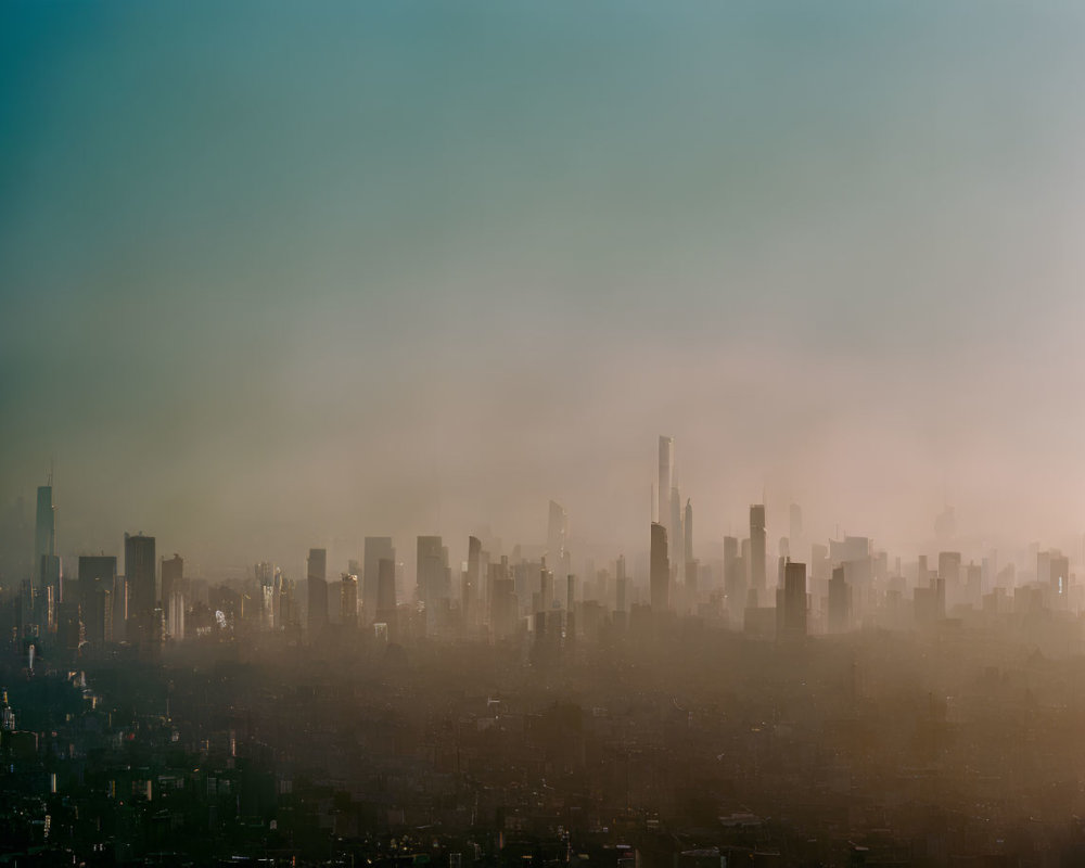 Foggy city skyline with skyscrapers in soft light