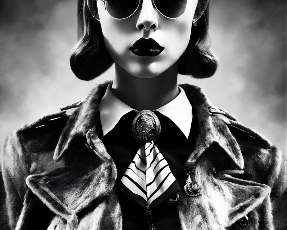 Monochromatic portrait of woman in sunglasses, striped tie, brooch, and wolf head fur coat