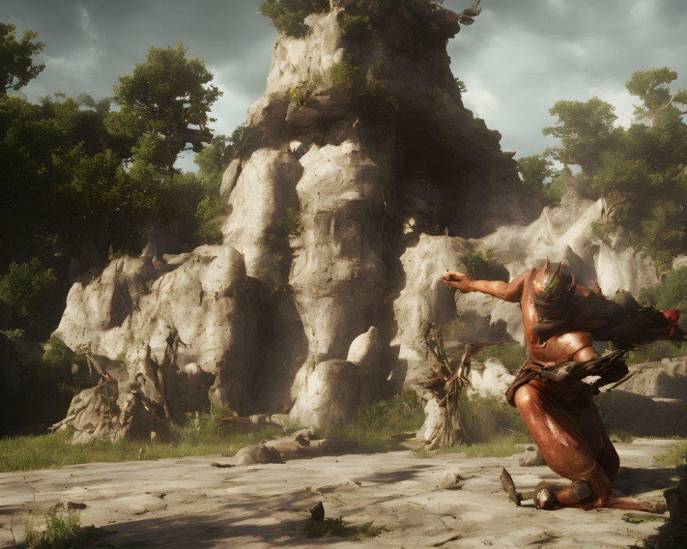 Warrior in Red Armor Kneeling Before Sunlit Rocky Outcrop