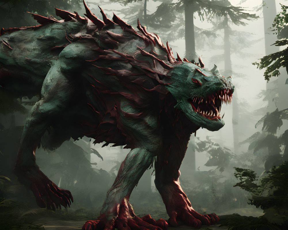 Menacing beast with sharp spines and red accents in misty forest