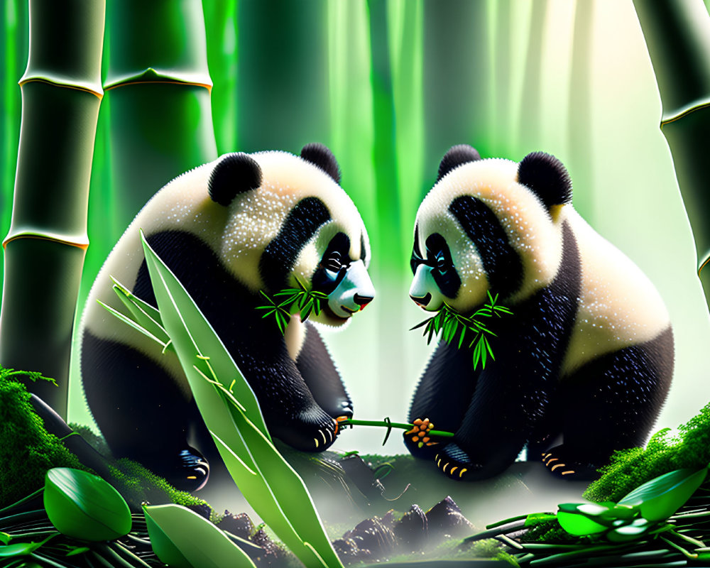 Pandas sharing bamboo in mystical forest scene