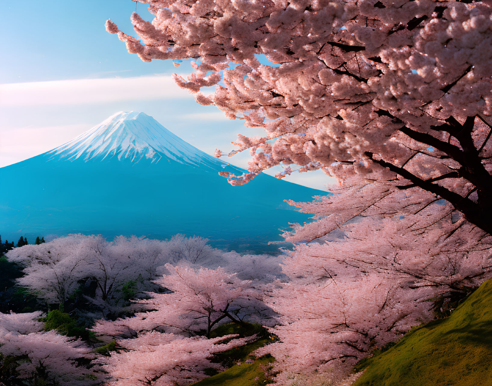 Iconic Mount Fuji with pink cherry blossoms in Japan.