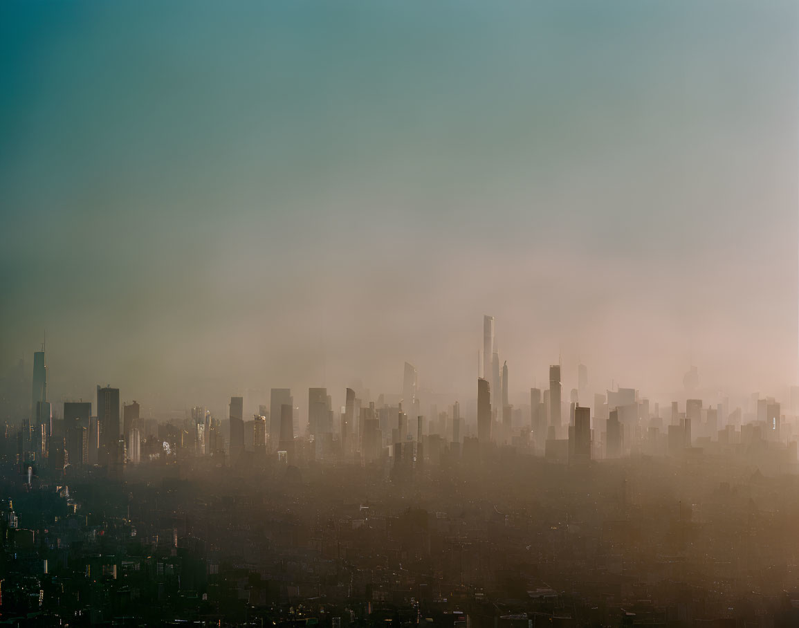 Foggy city skyline with skyscrapers in soft light